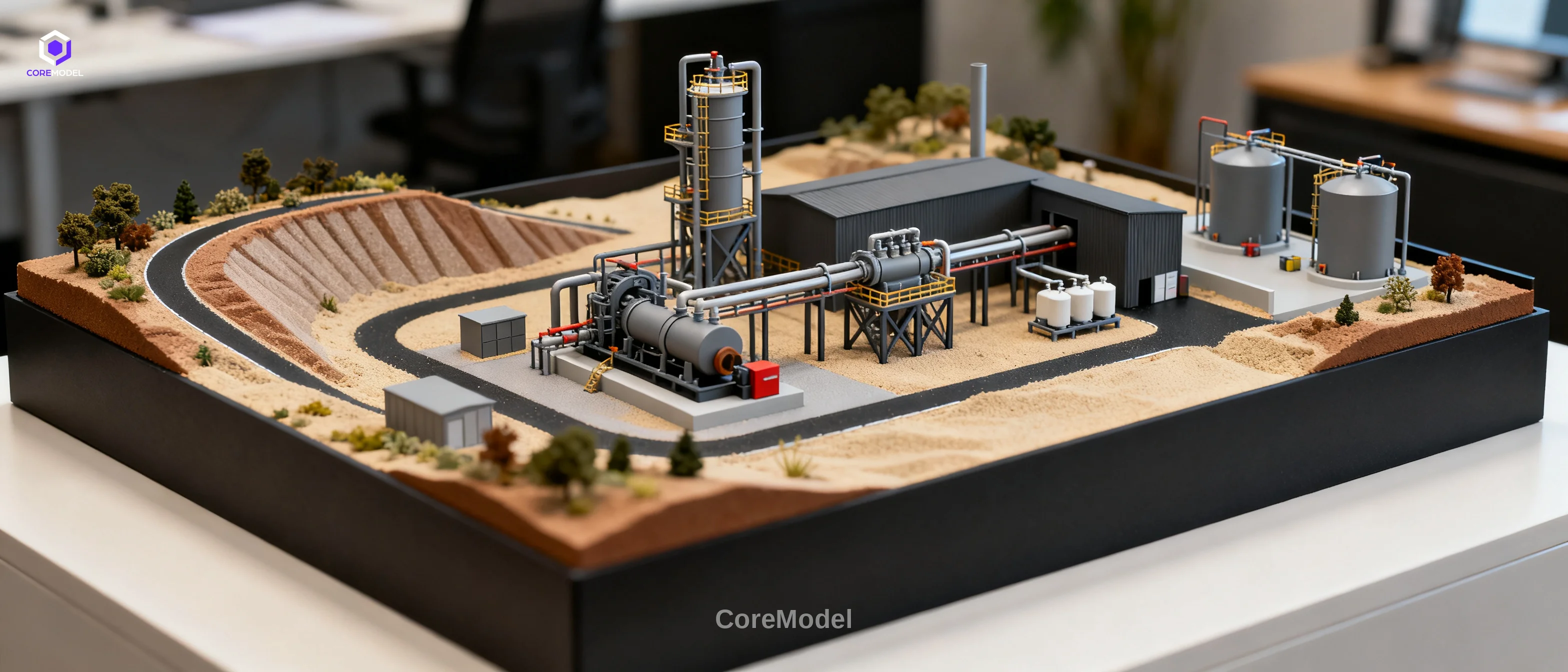 Professional sand table model of an industrial facility with miniature equipment and detailed terrain