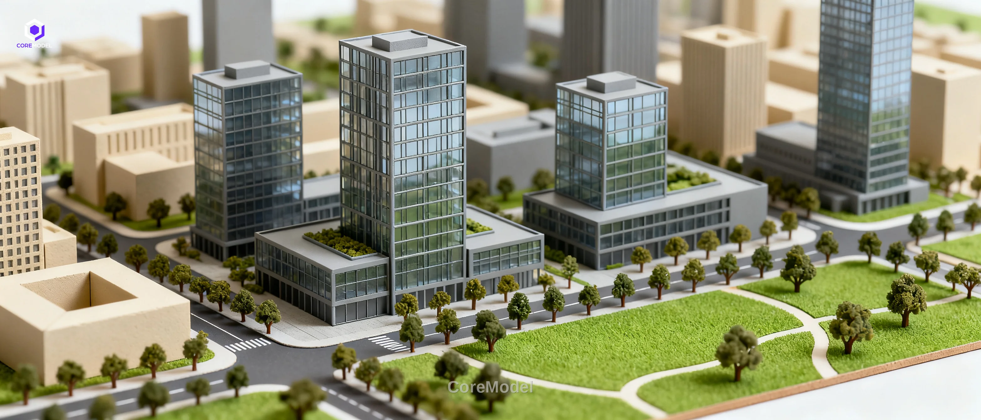 Detailed architectural scale model of a modern cityscape with buildings and green spaces, used for urban planning presentations