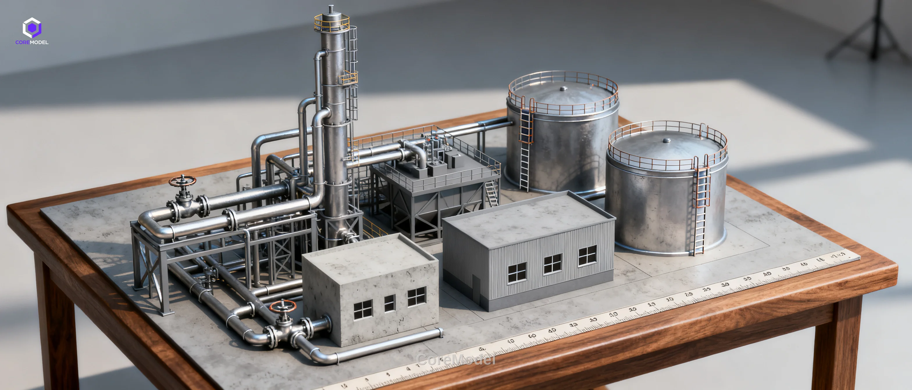 A detailed 3D scale model of an industrial petrochemical plant with piping, tanks, and structures on a display table.