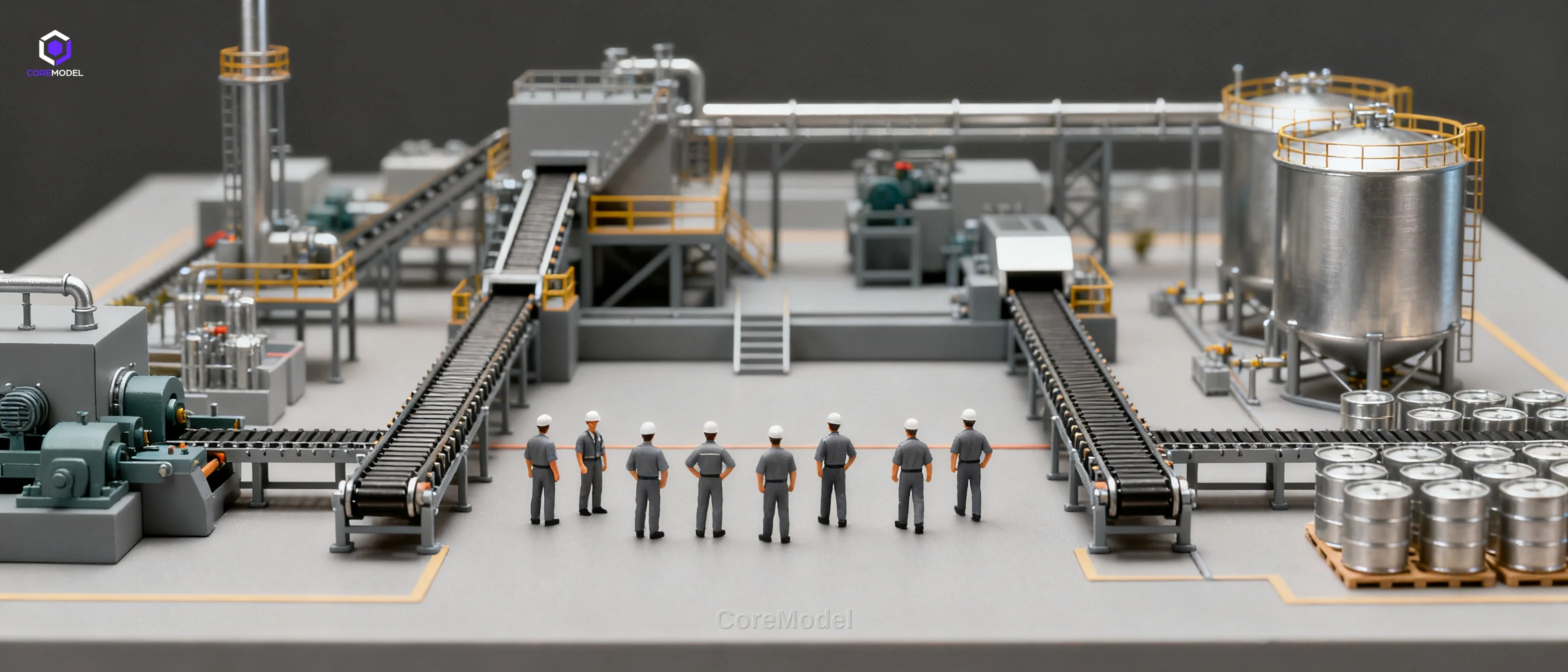 Detailed factory scale model with equipment and workers for industrial planning