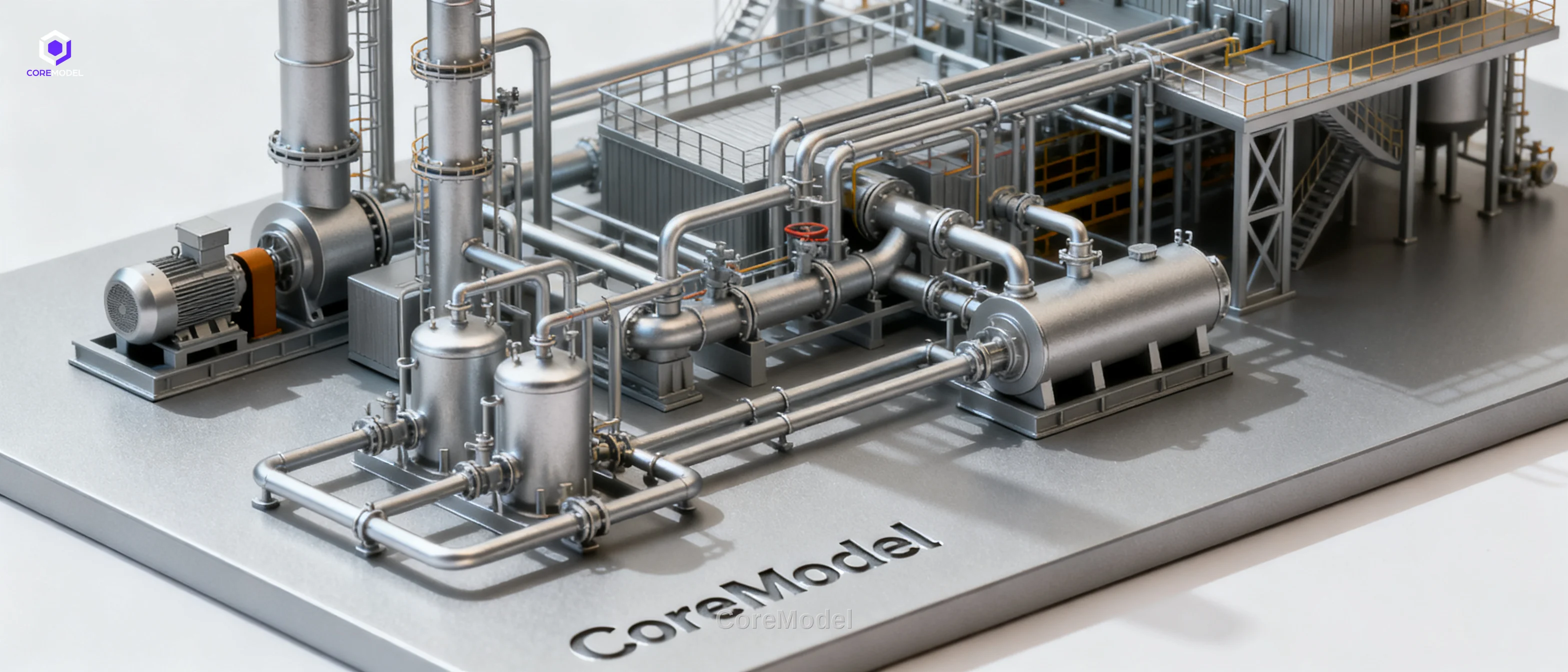Professional scale model of an industrial facility with detailed piping and equipment, showcasing precision manufacturing by CoreModel