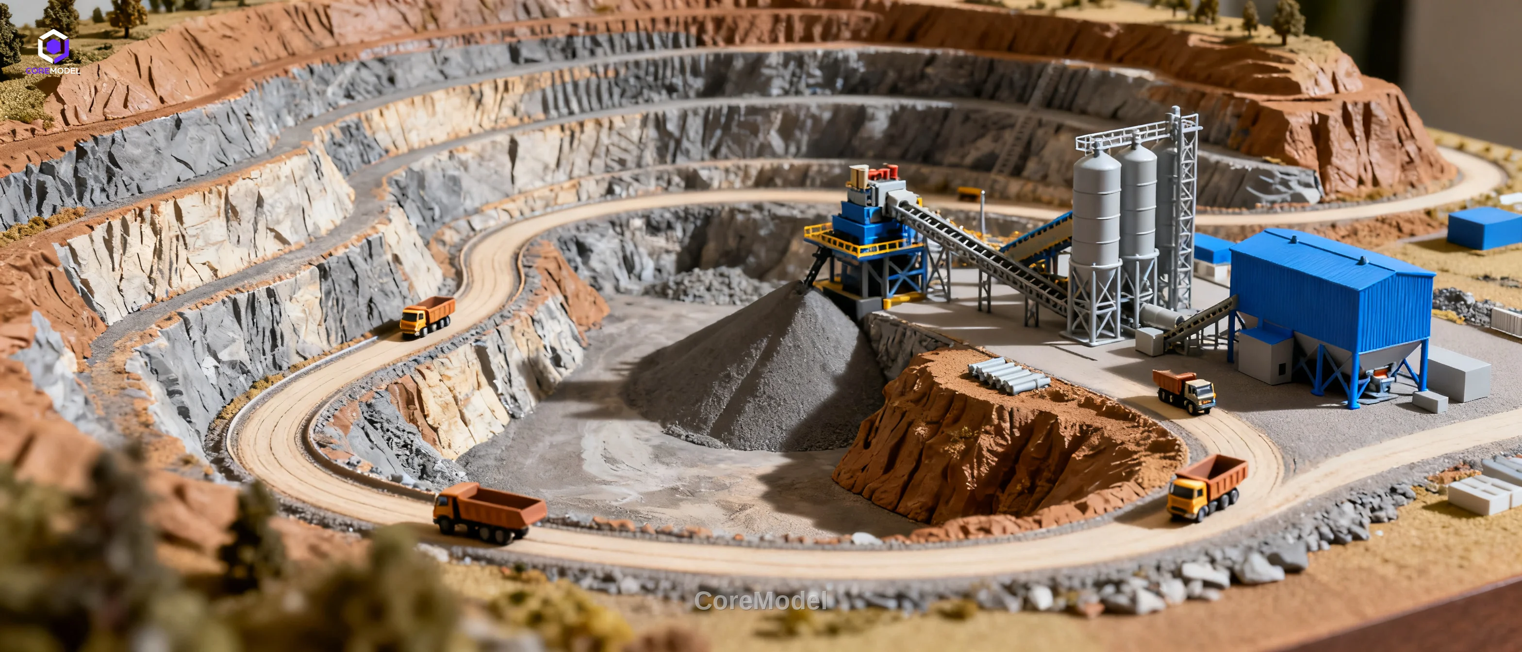 Detailed mine site scale model showing open-pit mining layout, haul roads, and processing facilities