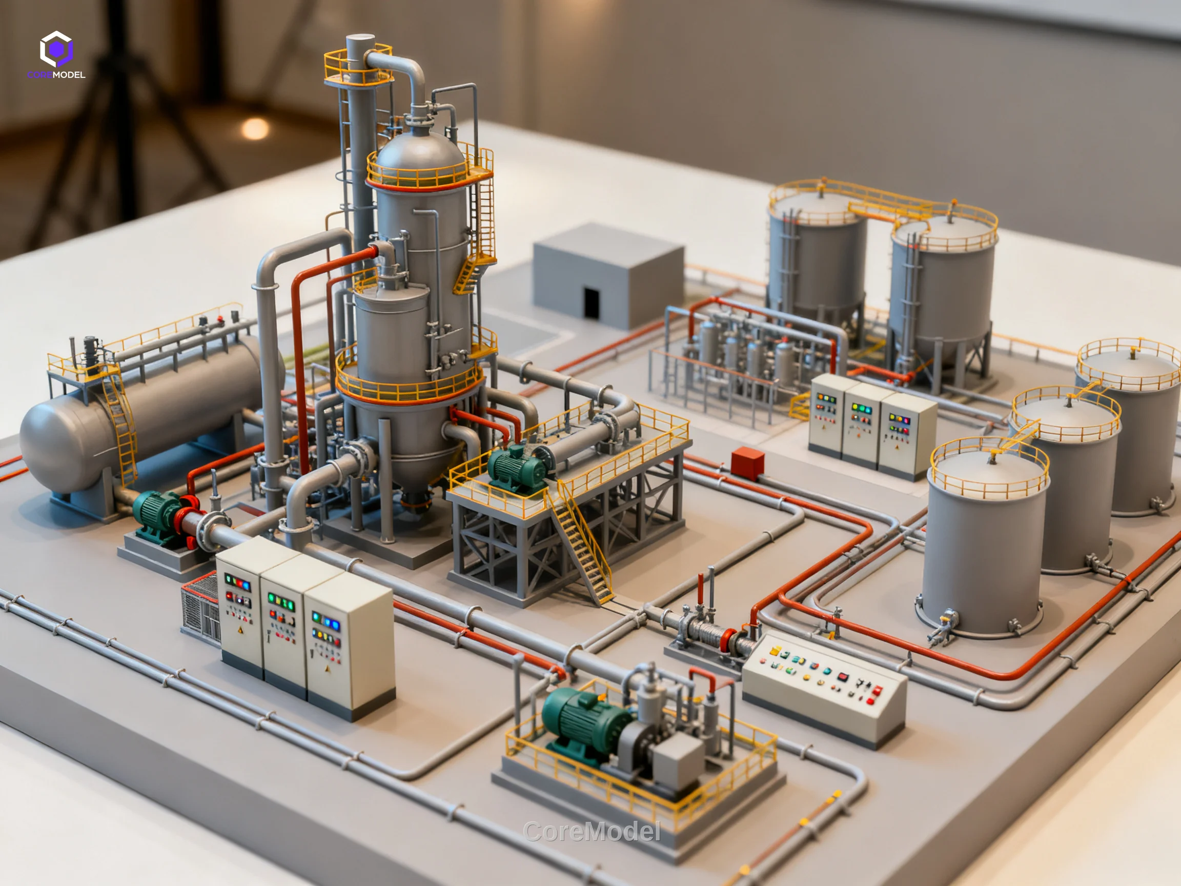 Detailed industry equipment scale model of a petrochemical plant used for client presentations and engineering reviews