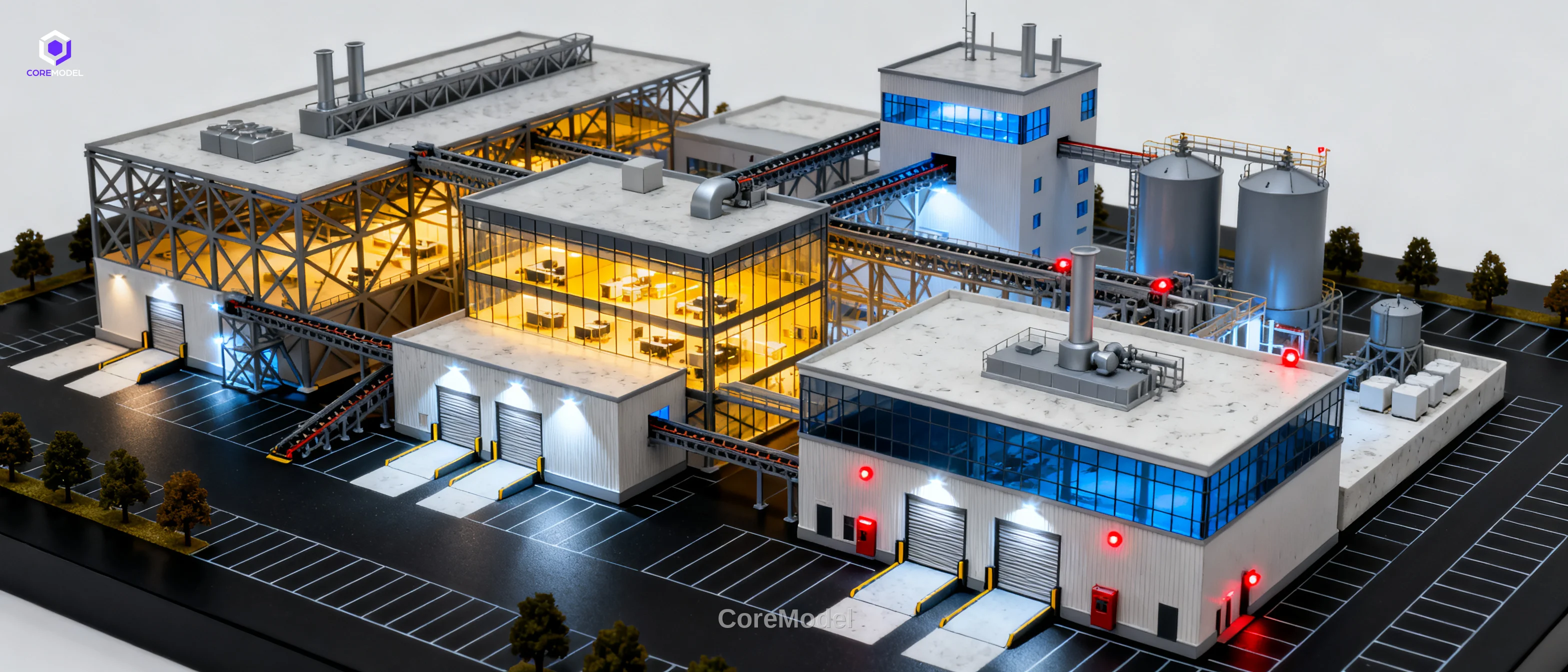 Industrial scale model of a modern factory complex with detailed structures and lighting