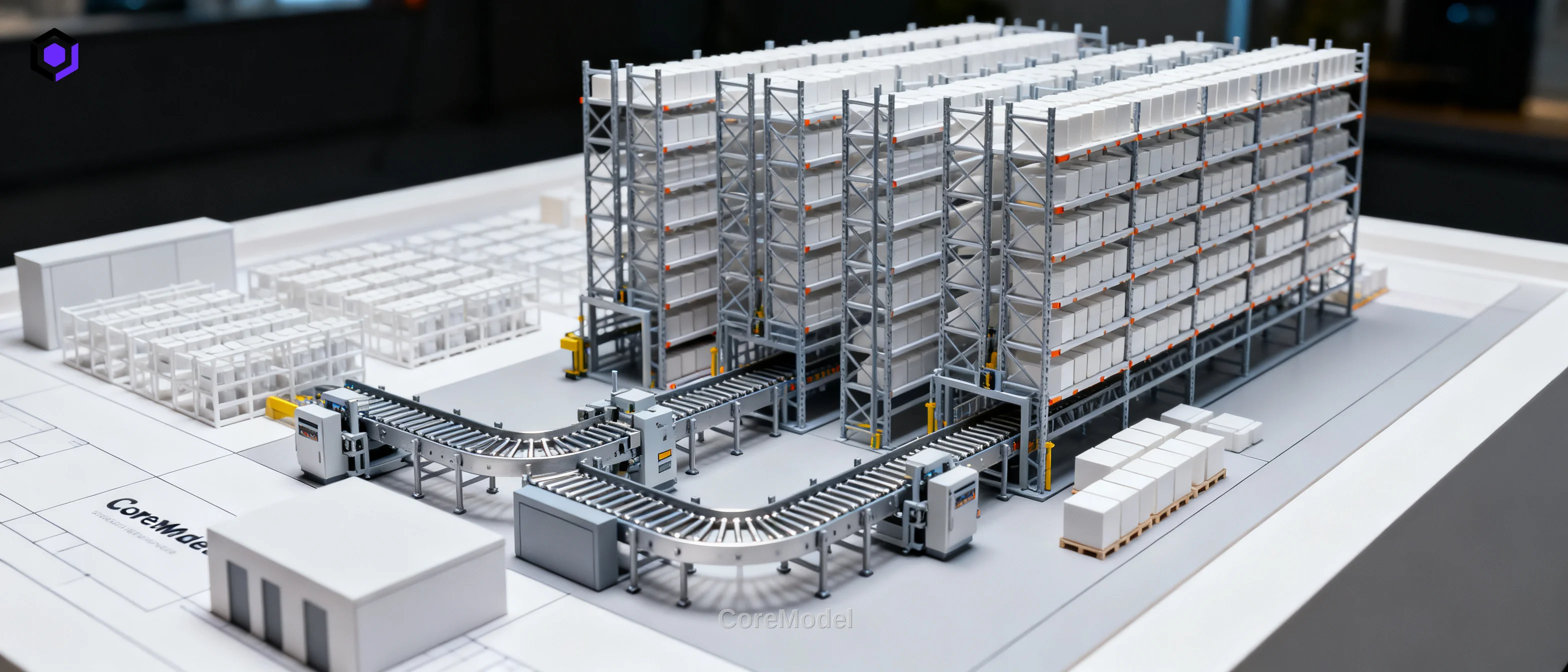 Custom logistics and automated high-bay warehouse scale model by CoreModel with detailed racking and conveyors