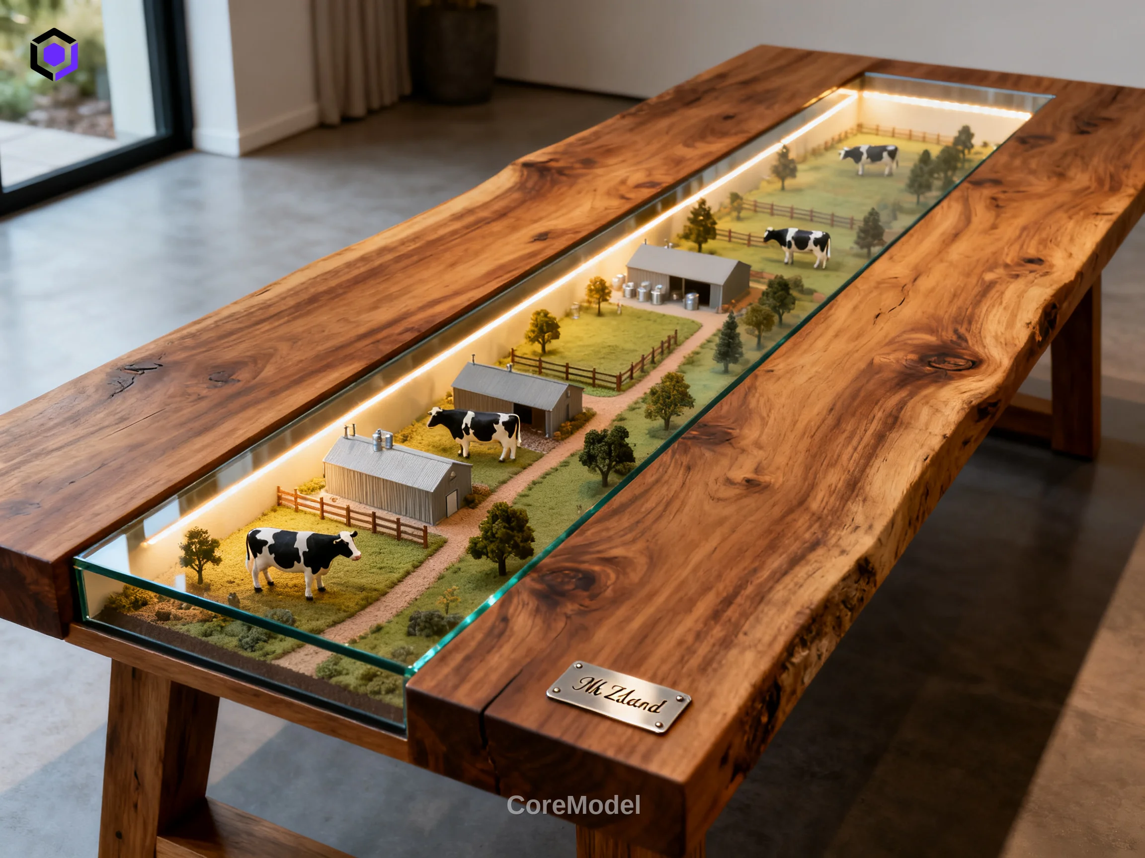 Custom dairy farm 3D model dining table with detailed miniature barns and cows under glass