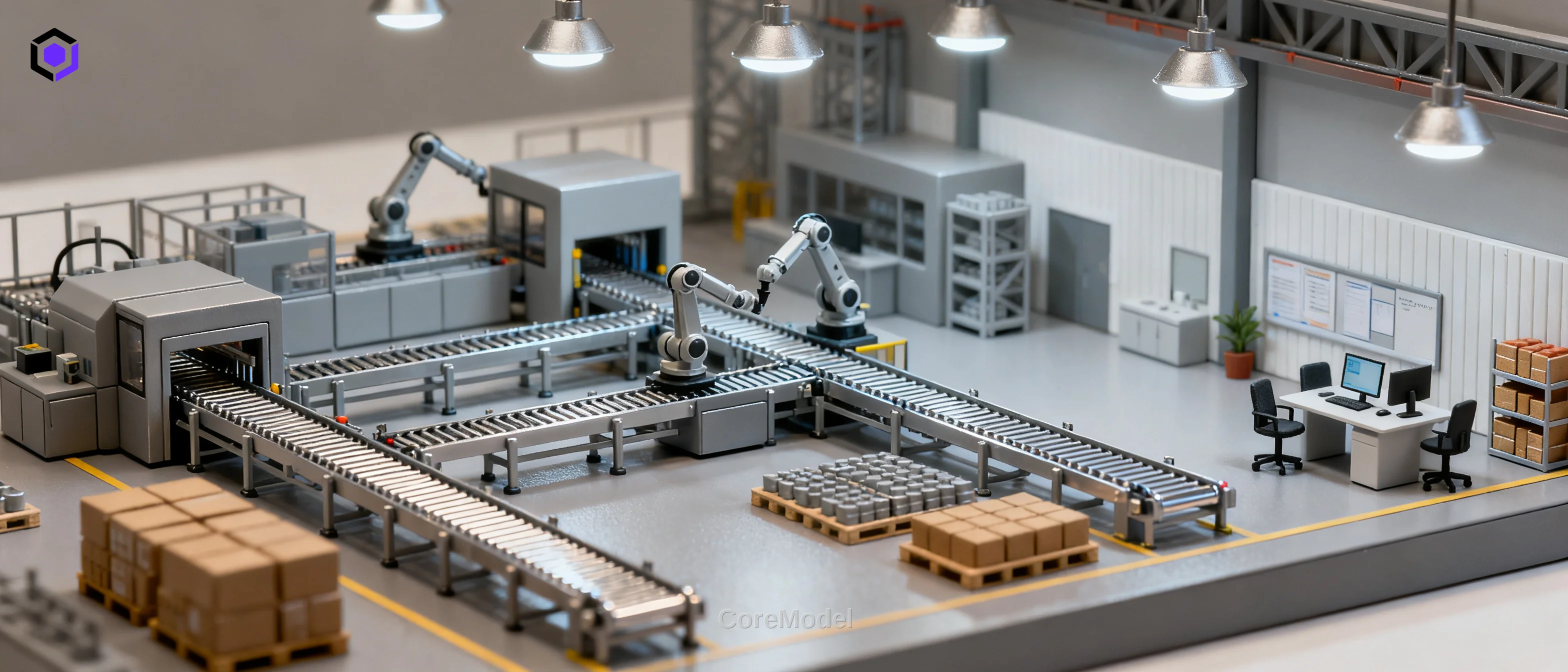 Detailed scale model of a modern manufacturing plant with industrial equipment and layout
