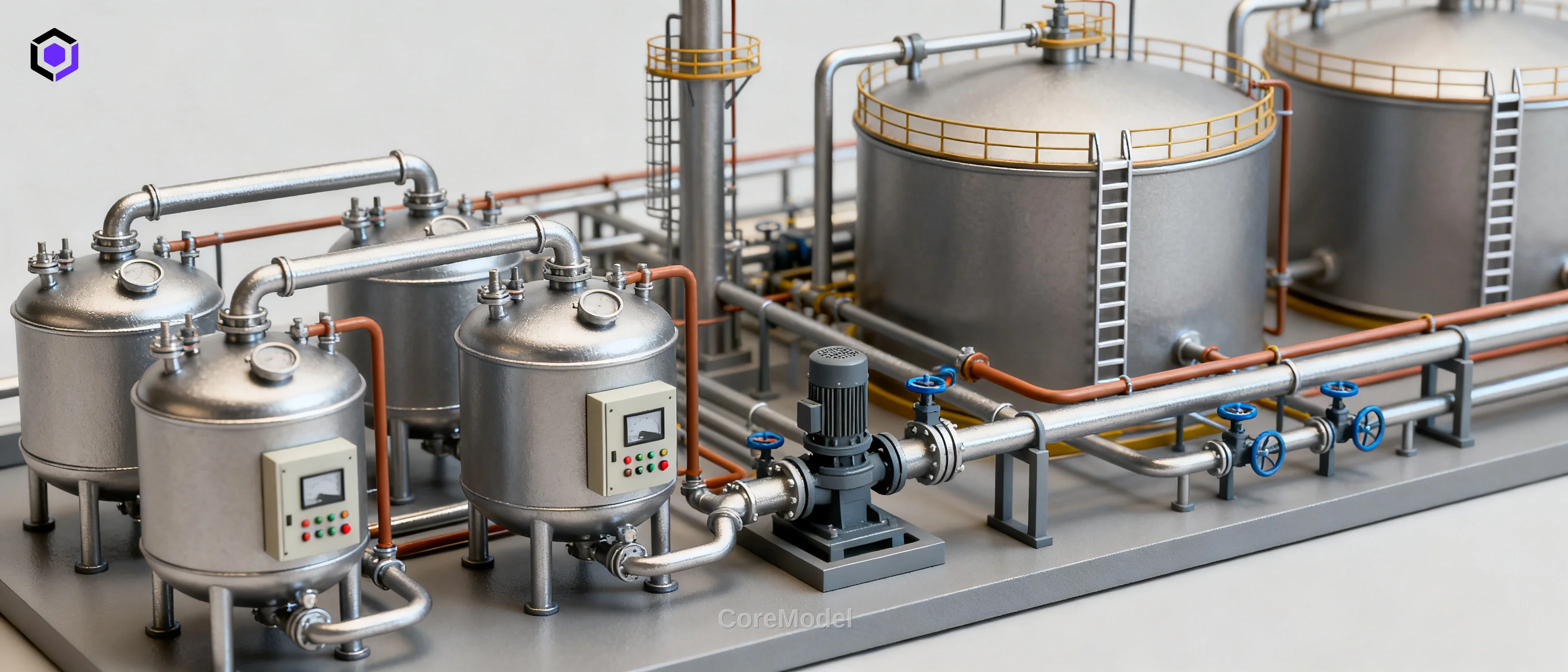 Detailed scale model of a chemical plant with reactors, piping, and storage tanks by CoreModel