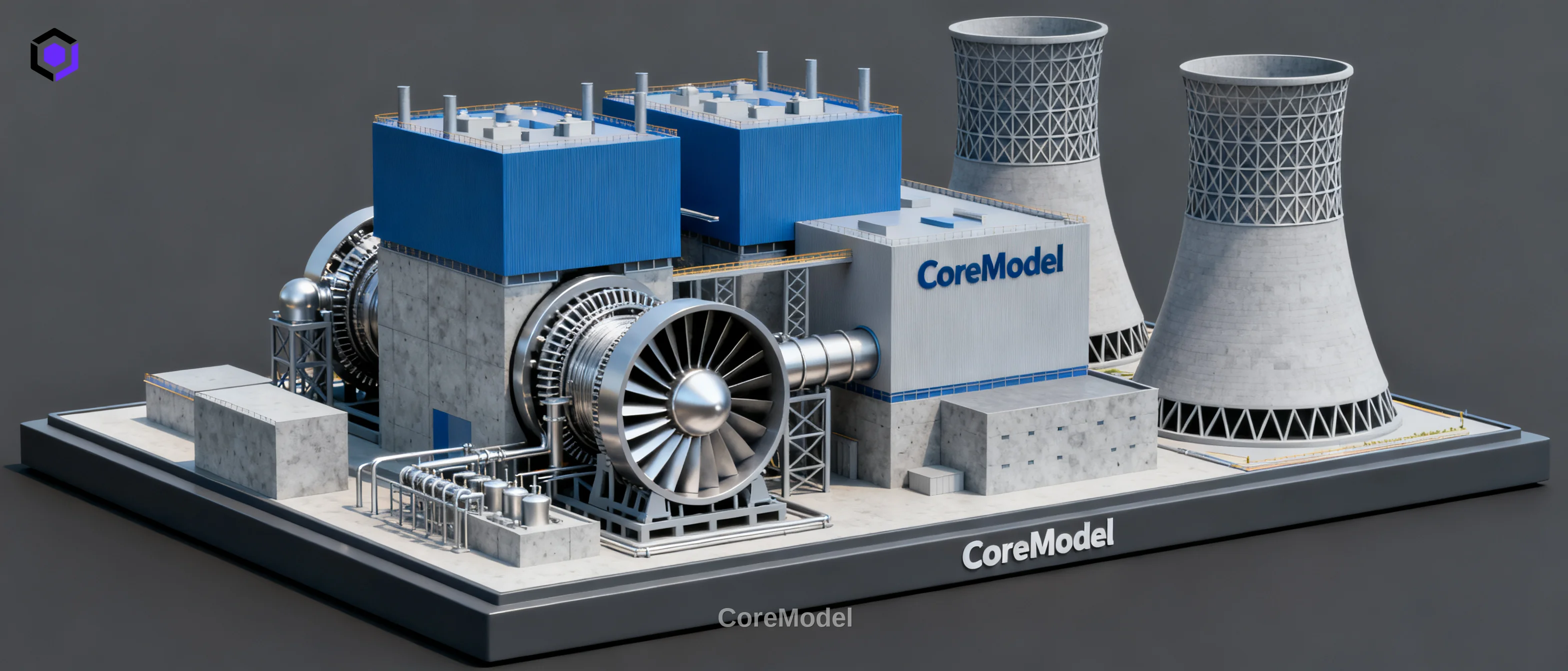 Detailed scale model of a power plant with turbines and cooling towers, crafted by CoreModel