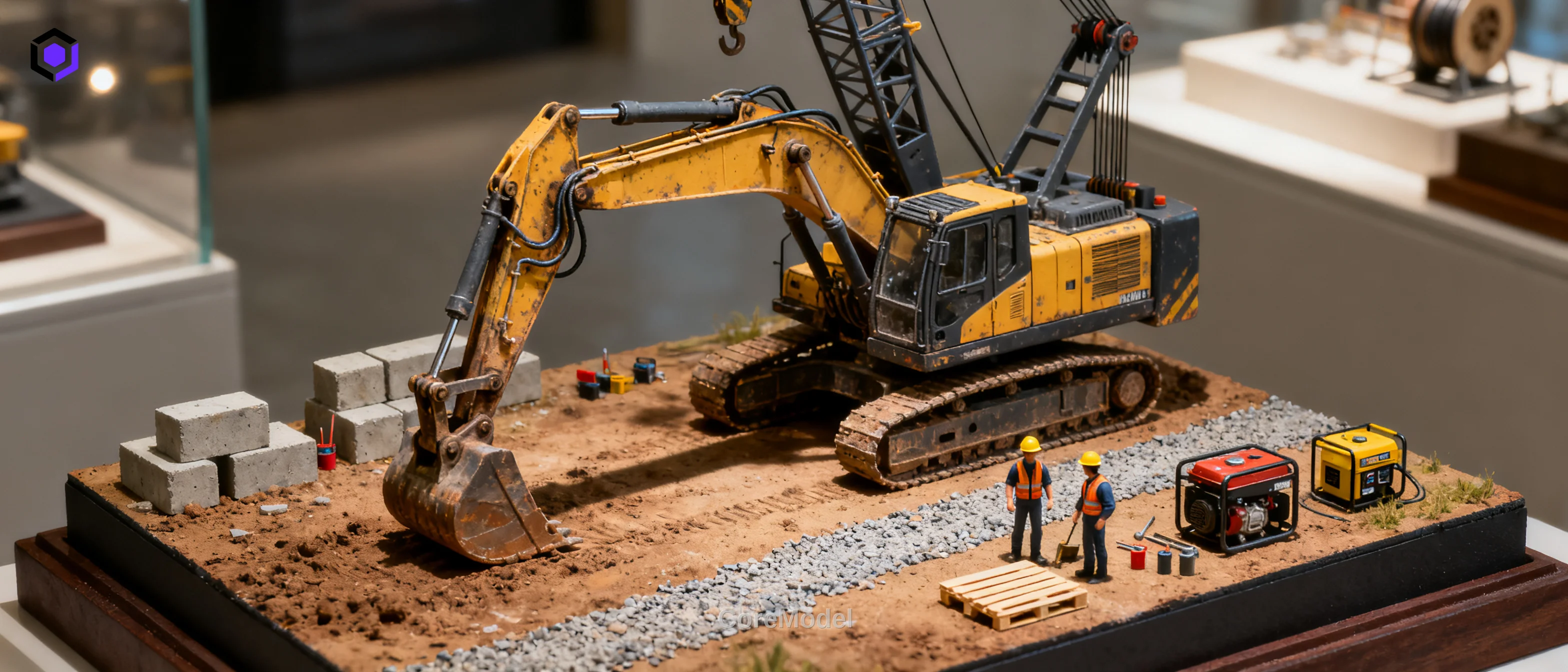 Detailed scale model of a heavy excavator and crane on a construction site diorama