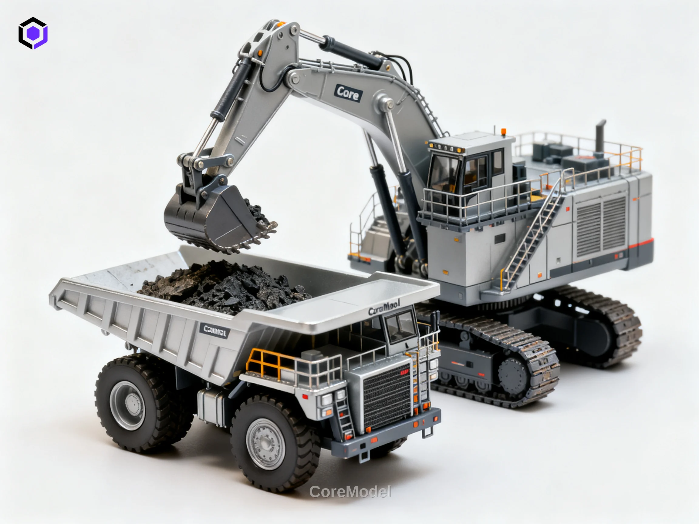 Detailed scale model of mining equipment including excavator and haul truck, crafted by CoreModel for B2B clients.