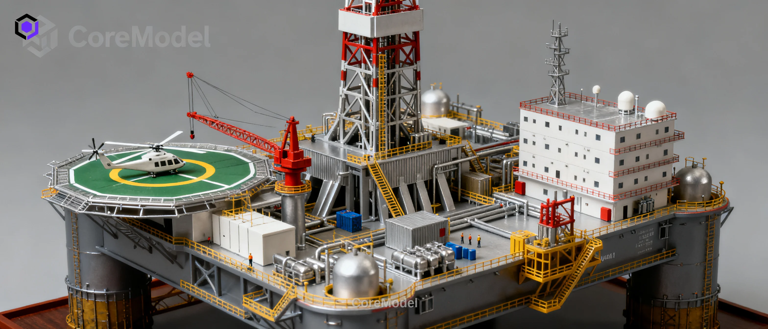 Detailed offshore oil platform scale model with drilling rig, helipad, and living quarters, crafted by CoreModel