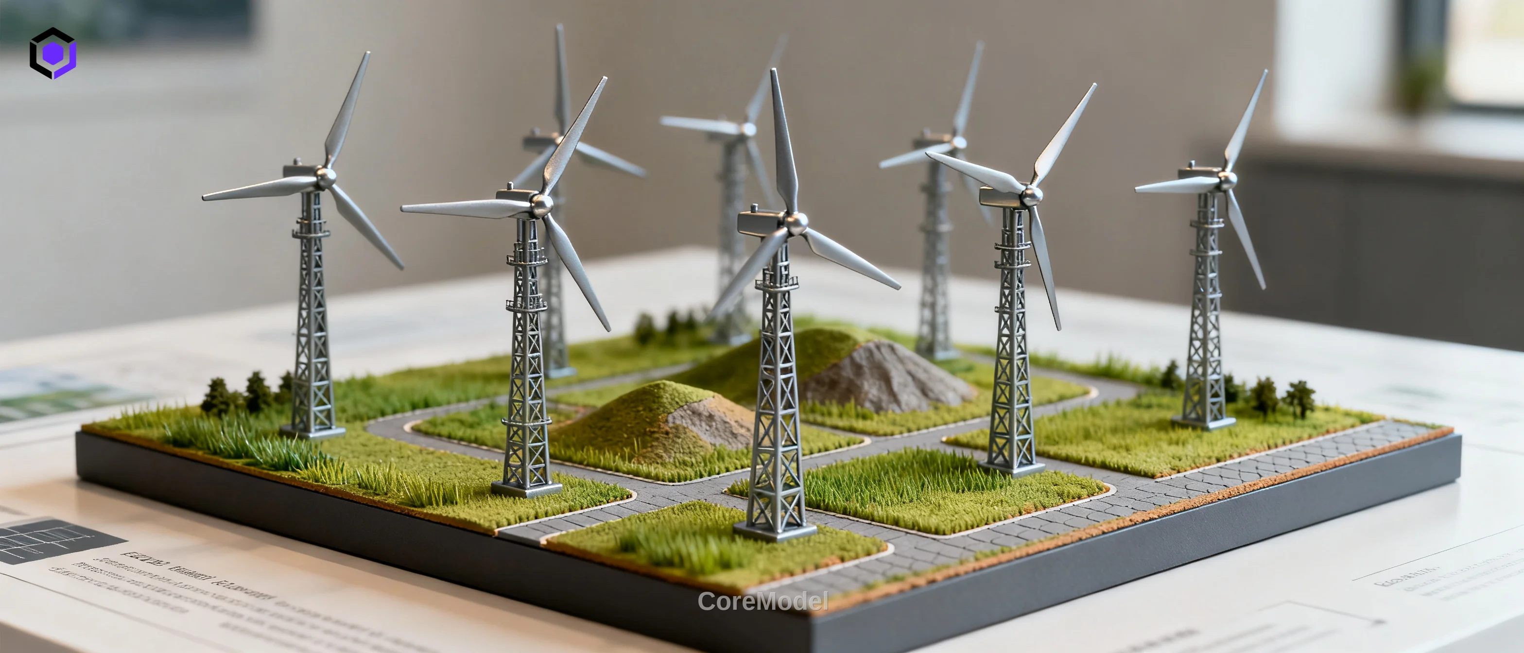 Detailed wind farm scale model with multiple wind turbines on a landscaped base, showcasing renewable energy project